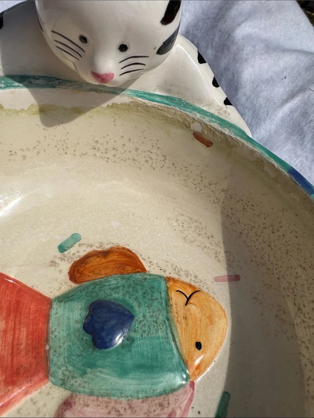 Handpainted Cat Bowl with Colorful Fish Motif